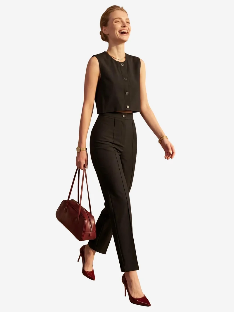 MY FASHION Crew Neck Crop Vest & High Waist Pants Two-Piece Set
